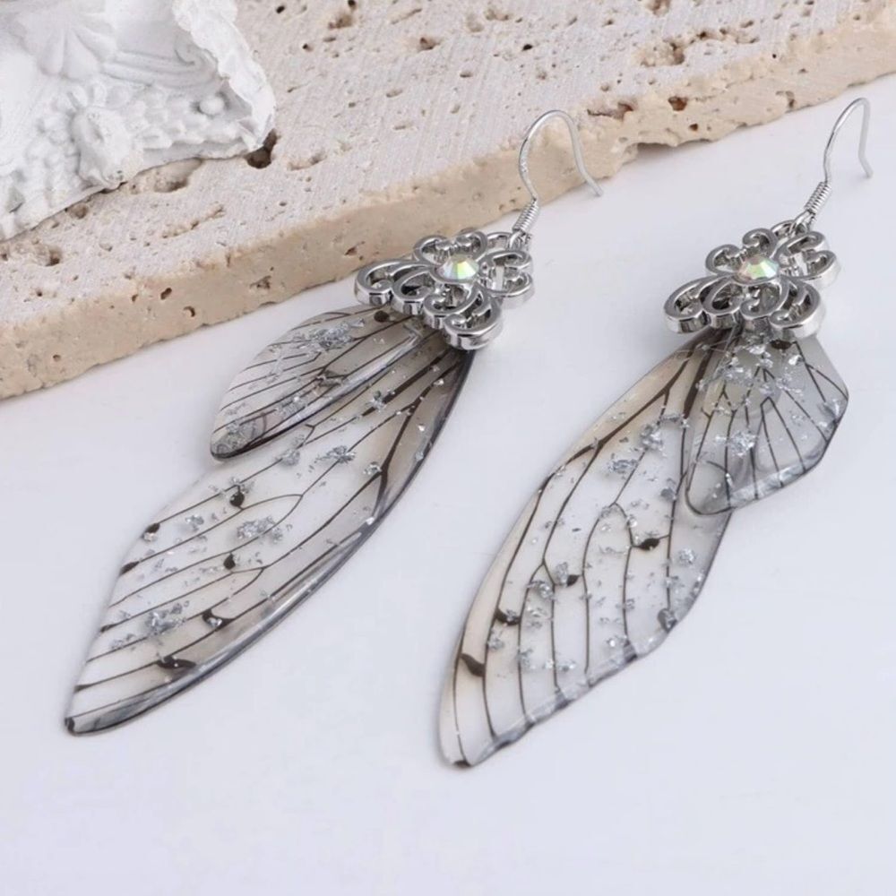 Cottagecoreā/ Fairycore Wing Earrings Silver Tone, Jewel Accent Engraved⦠- Picture 2 of 3